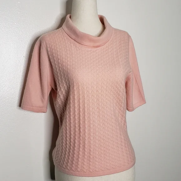 100%Pure Cashmere Light Pink Crop Top Sweater Turtleneck Textured Spring Luxury